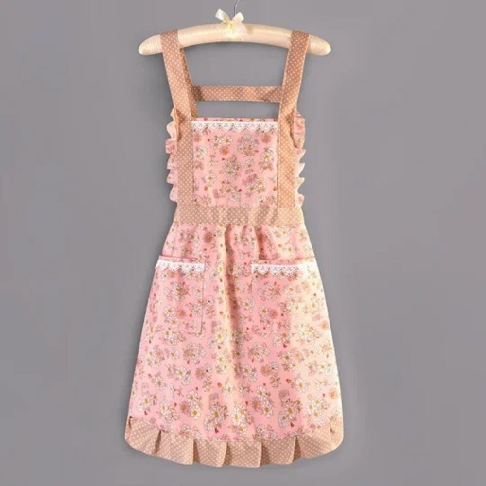 NEW Pink Floral Ruffle‎ Apron Two Pockets Vintage Cottagecore Kitchen Cooking